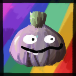 garlic with goofy face and rainbow backdrop