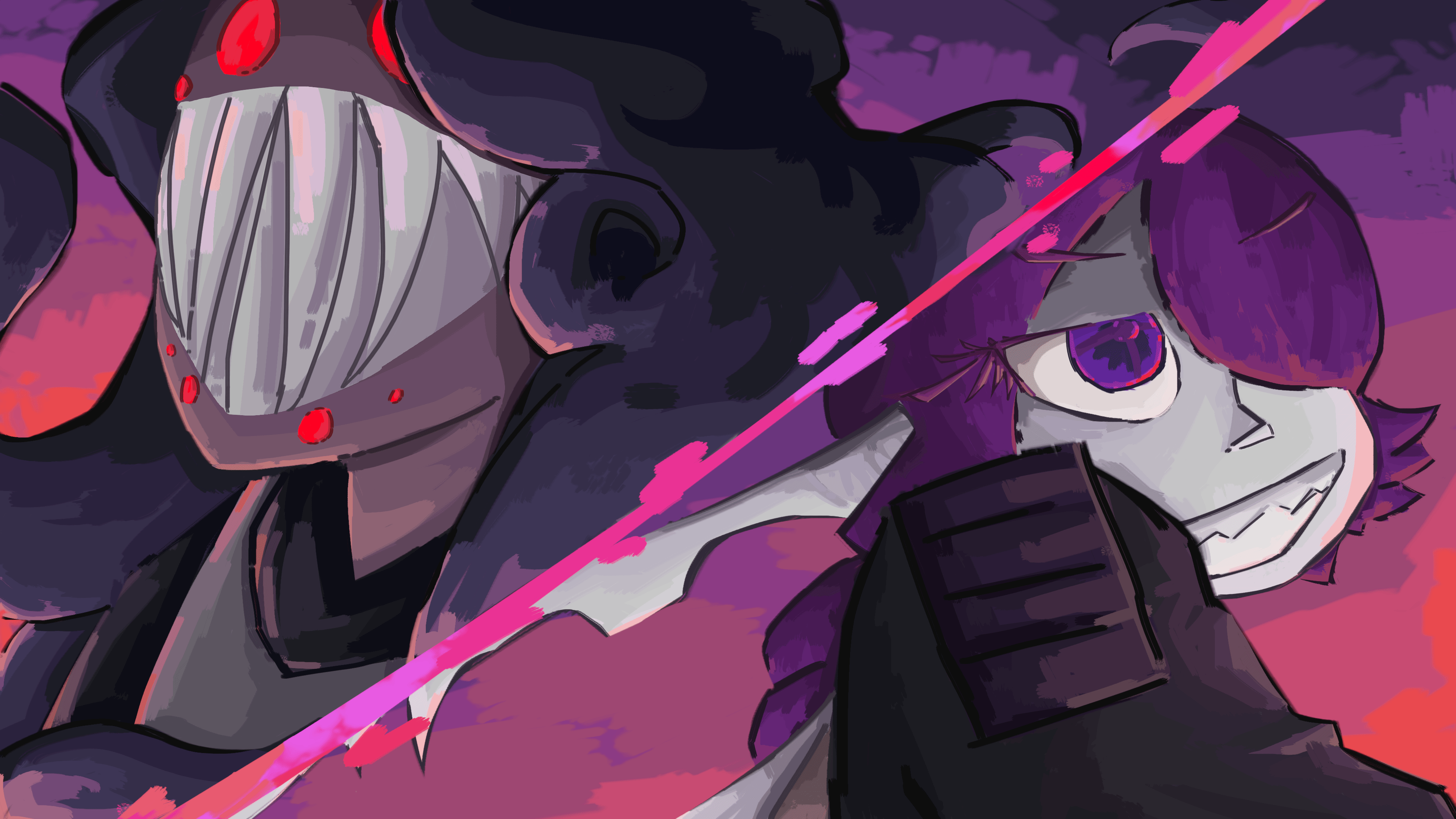 split screen, grim lookin kinda scared on the left and ari grinning manically on the right