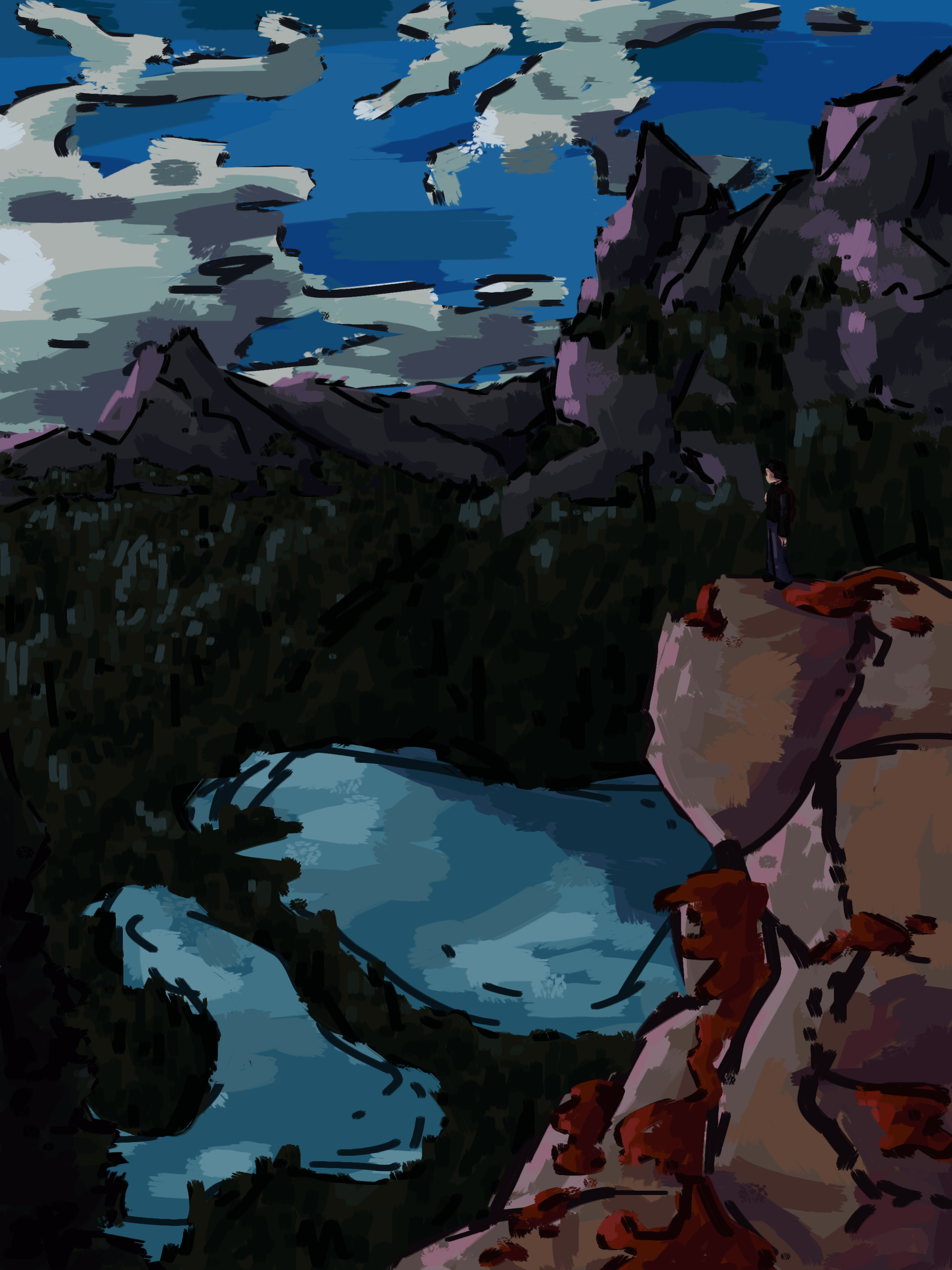 hiker looks over a wilderness with lakes and mountains