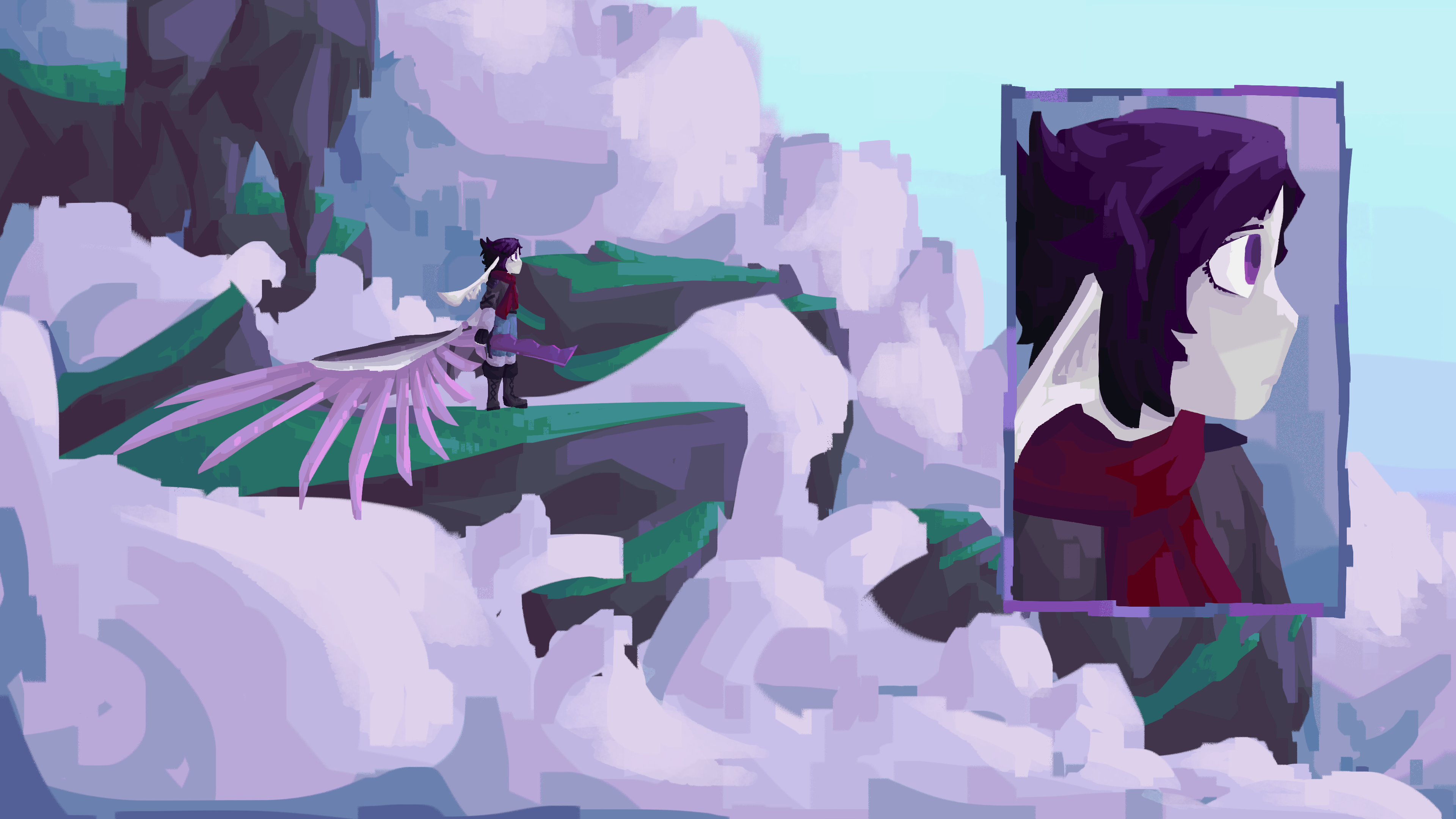 ari stands atop a floating island in a sea of clouds and other islands, looking off into the distance. a comic book style panel of her face enlarged on the right side