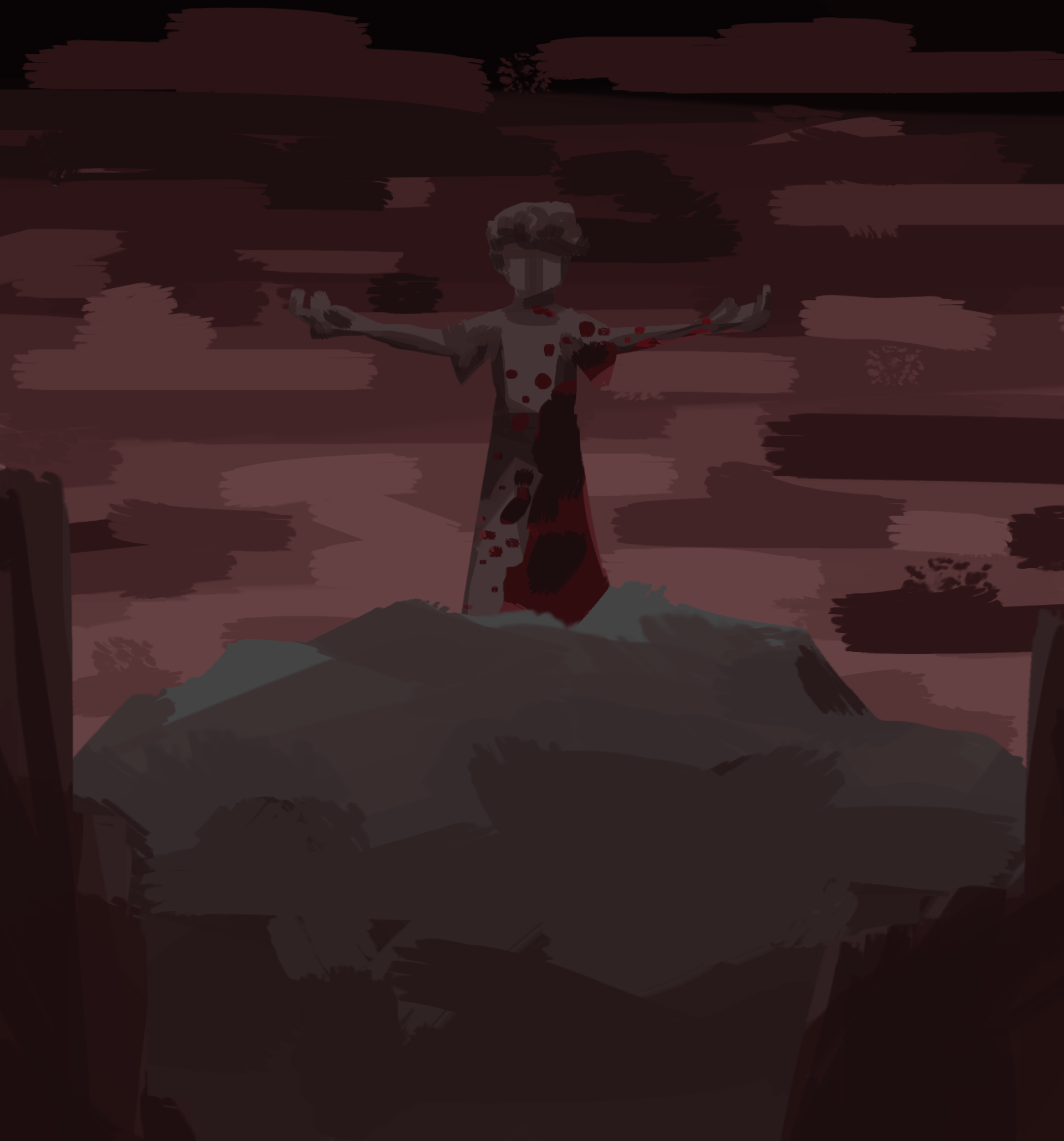 big statue stands on top of a hill, half splattered with blood