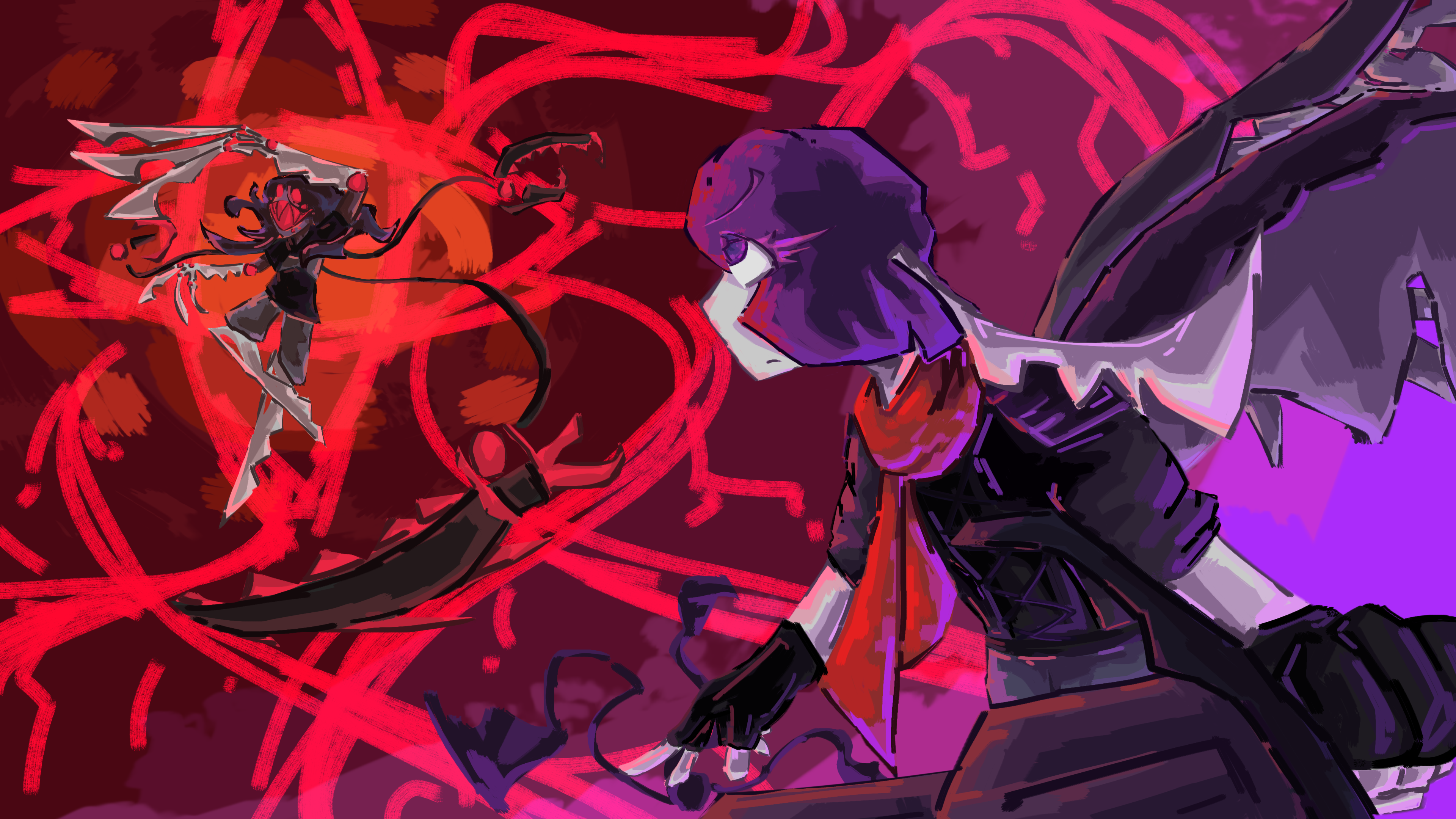 ari grins menacingly at grim floating in the sky