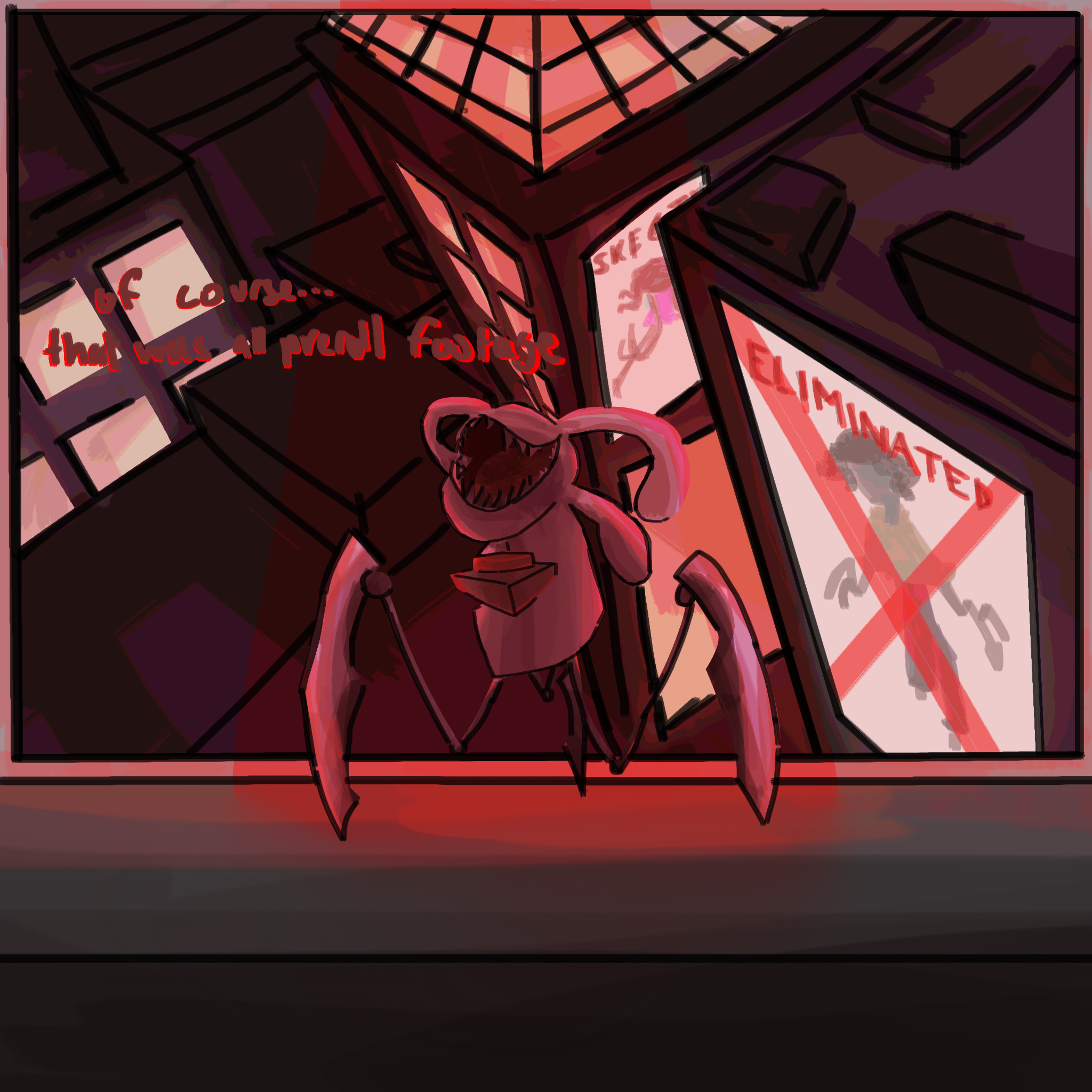goofy rabbit puppet is about to press the blow up the world button