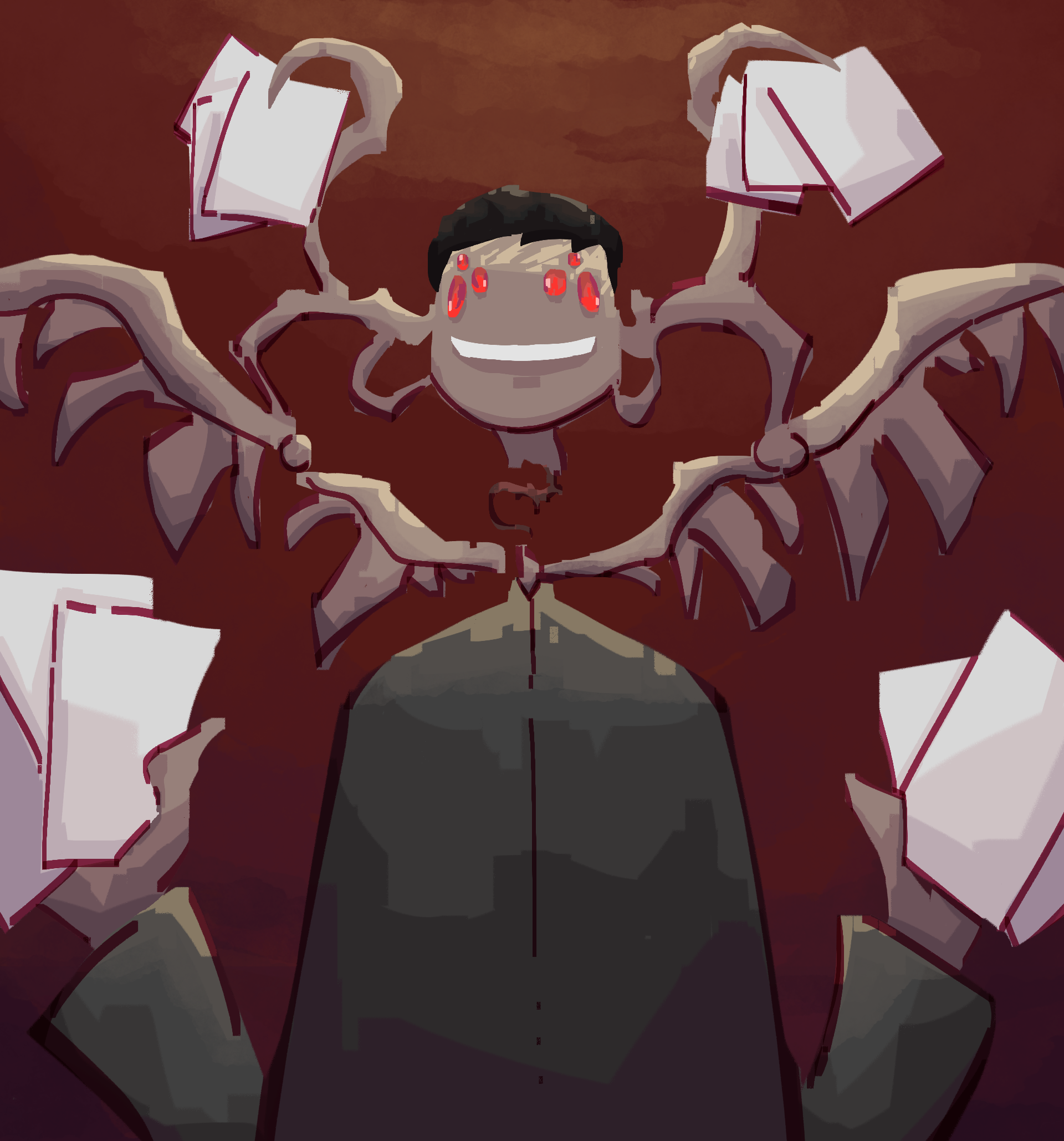 guy with a bad haircut and an egg for a head with weird antler tentacles holding up sheets of paper