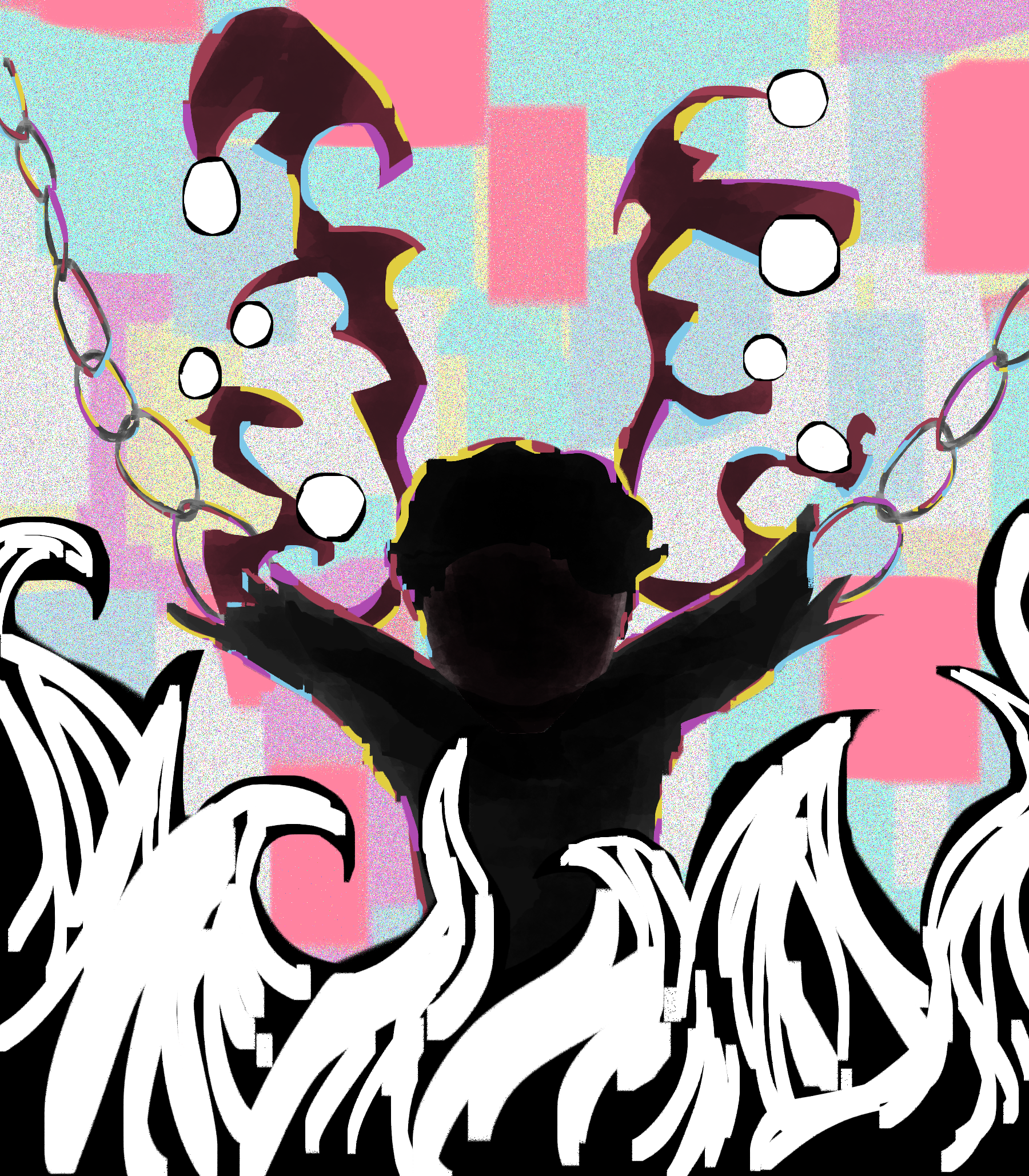 guy with chains for arms and weird tentacle growths with eyeballs on the ends