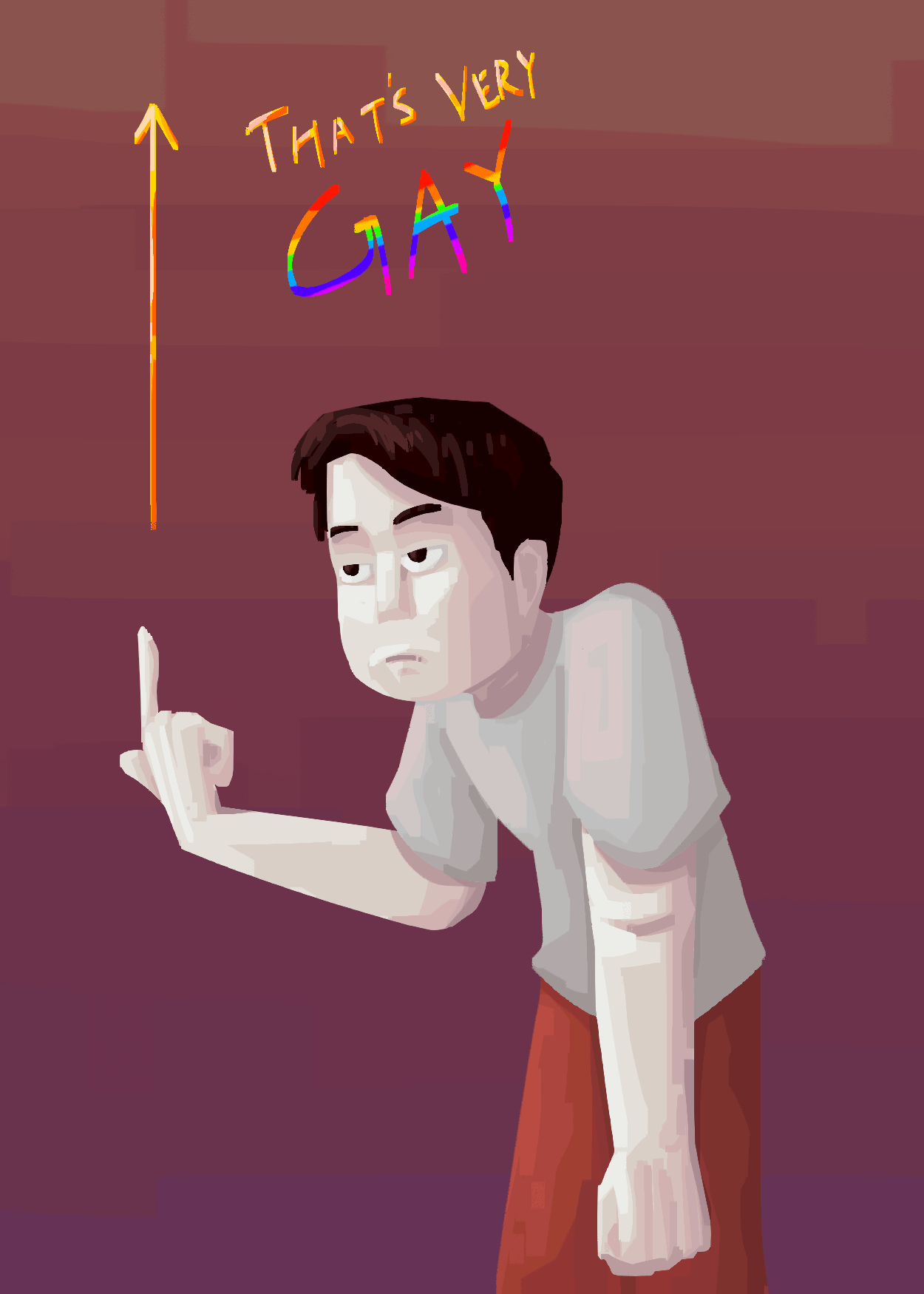old man points upwards with a tired expression - arrow from his finger says 'thats very gay'