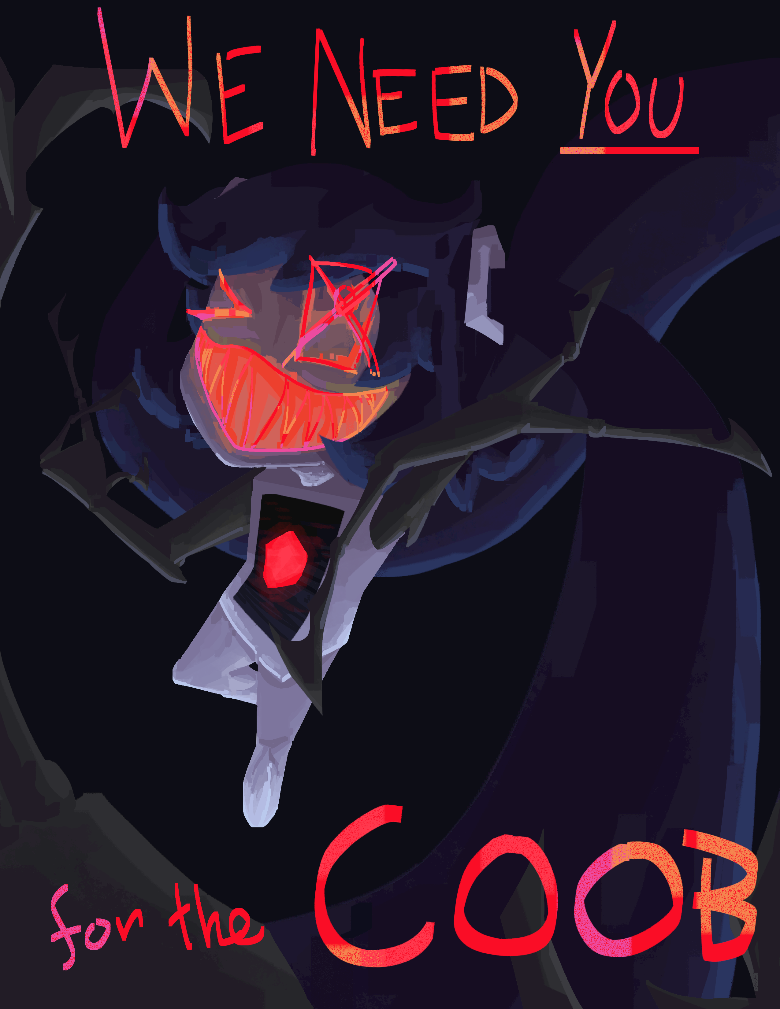 ic-0n holds a hand up invitingly while floating midair. red text across reads: WE NEED YOU FOR THE COOB