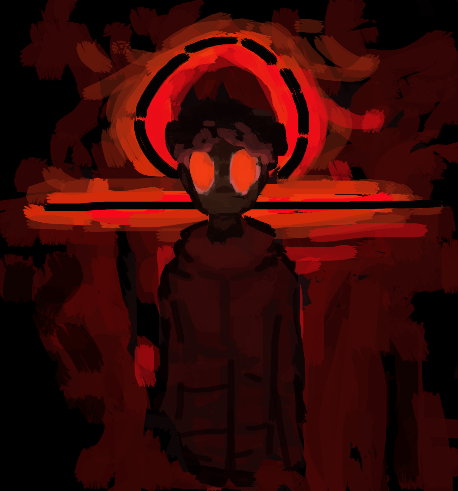 ghostly dude with red eyes stands in the middle of a crowd of black silhouettes, while a sigil flashes behind him
