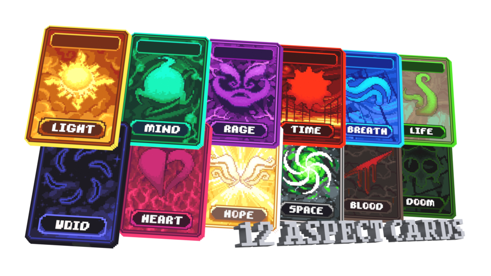 An image showing off 12 Aspect cards, each one showing a different Aspect, along with the text "12 Aspect Cards"
