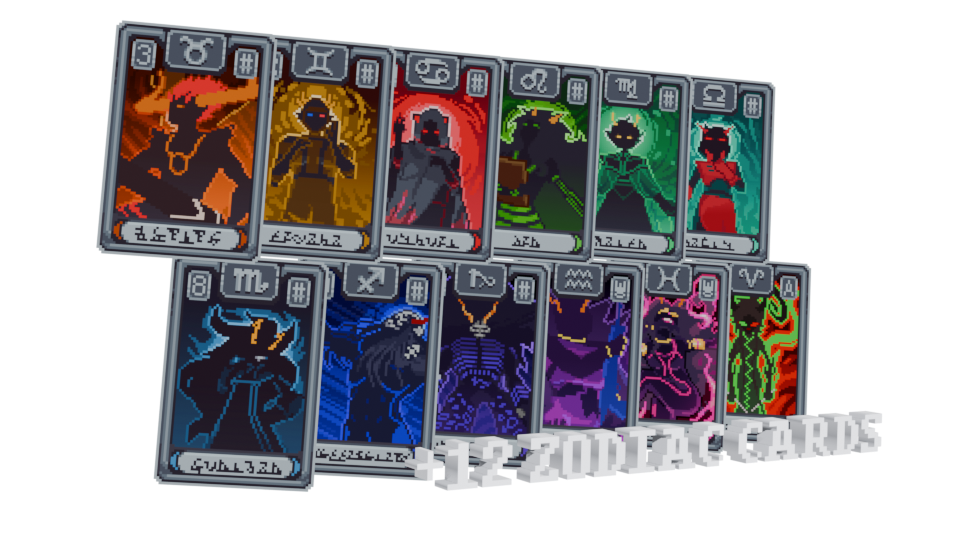 An image showing off 12 Zodiac cards, each one showing a different ancestor, along with the text "+12 Zodiac cards!"