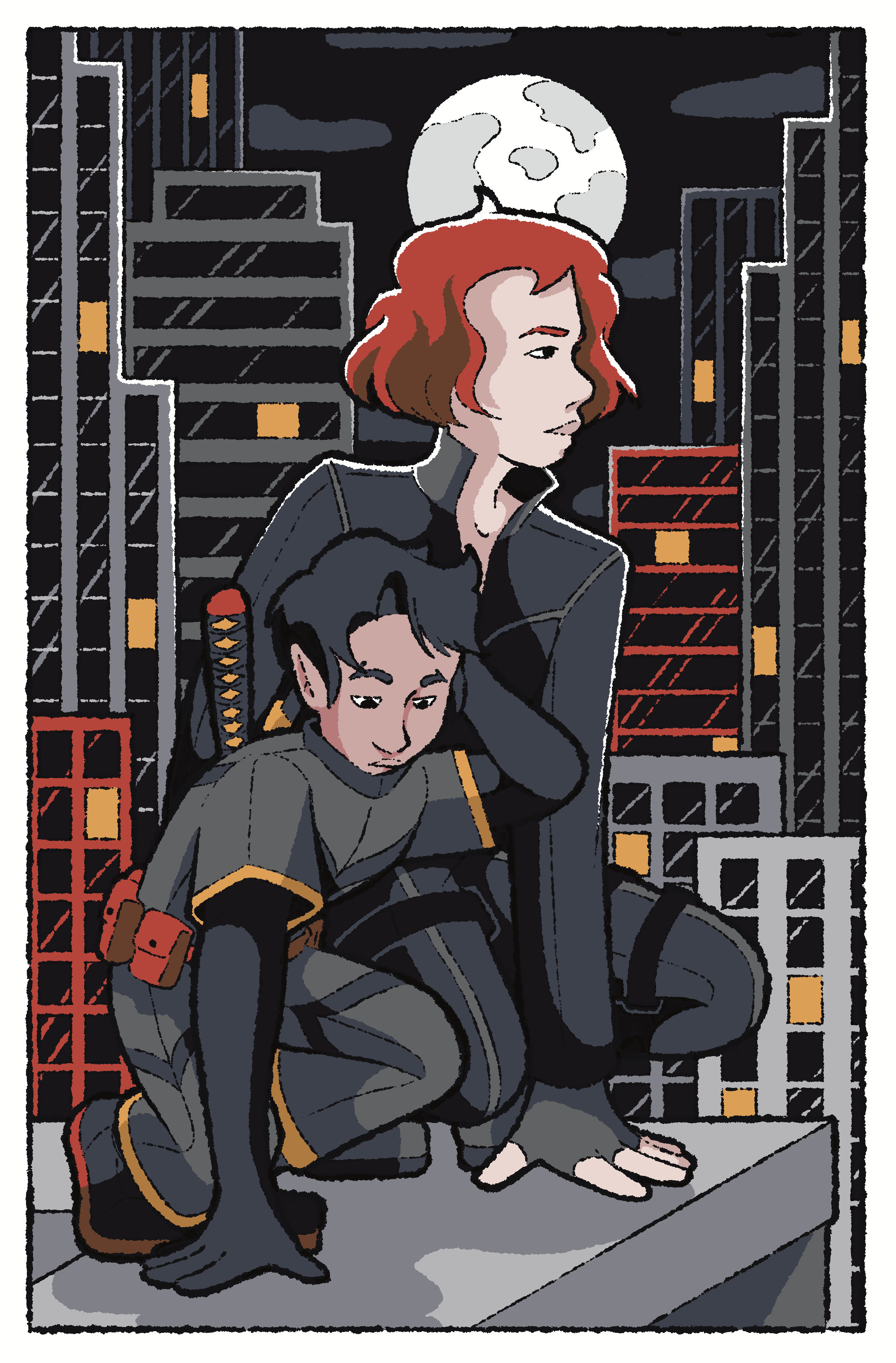 Damian and Natasha crouch on a rooftop. Behind them is a nighttime building scene, with Natasha's head framed by the moon. Damian is intentionally posed similarly to Natasha, and is wearing the stealth outfit that Tony made, which looks like Natasha's Black Widow outfit.