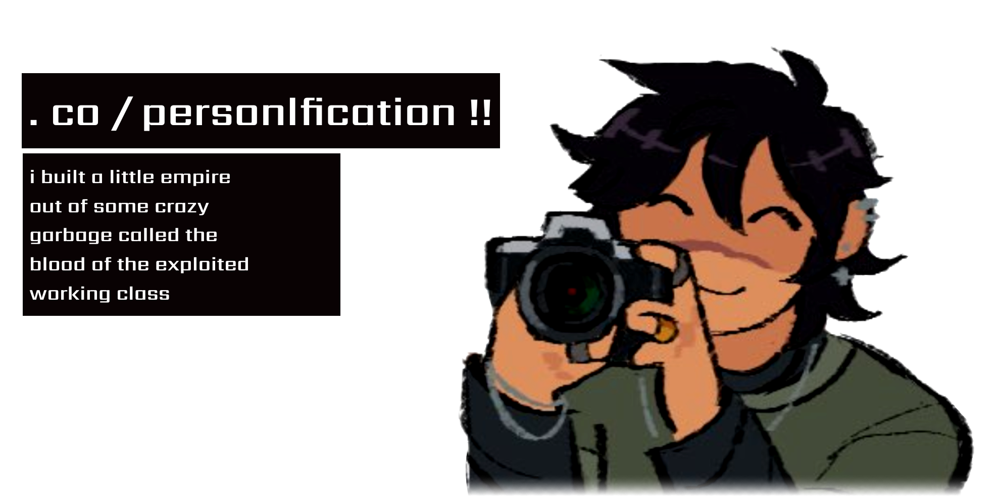 a graphic with human sebastian solace holding a camera to the viewer with a smile on his face, text reads the rentry URL and the first few lyrics to Kiss Me, Son of God by We Might Be Giants