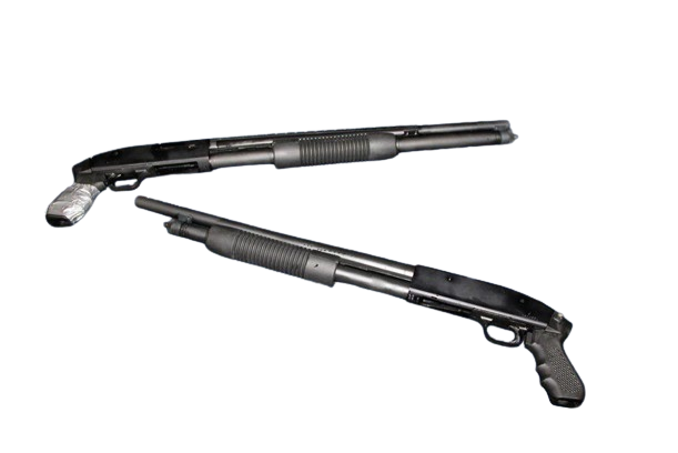 11 - Andrew Blaze's 2 pistol gripped 12-gauge Mossberg 500 pump-action shotguns