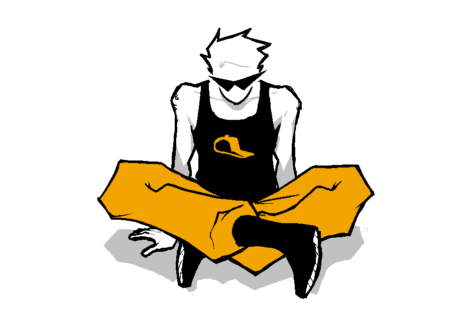 Dirk Strider, wearing a black tank top with an orange hat decal, baggy orange pants, and boots sits crosslegged.