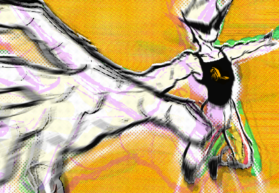 Dirk lifts into the sky in a blast of colorful energy.