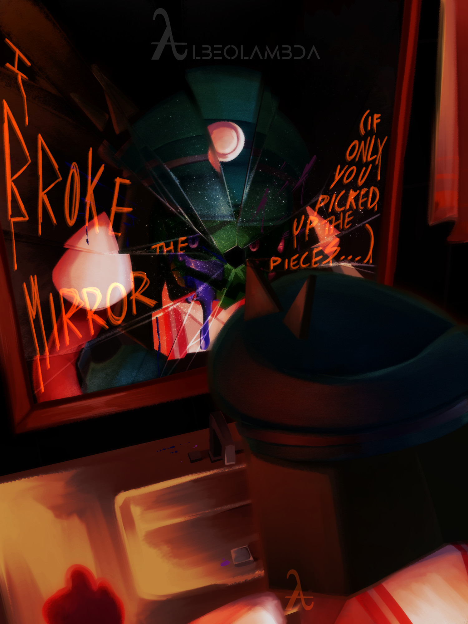 ENA: Dream BBQ Fanart, used as a cover for this fanfiction. ENA stares at herself through a broken mirror; her face is green, cracked and oozing pink and blue fluid. On the glass shards, the name of the fic is written in orange marker.