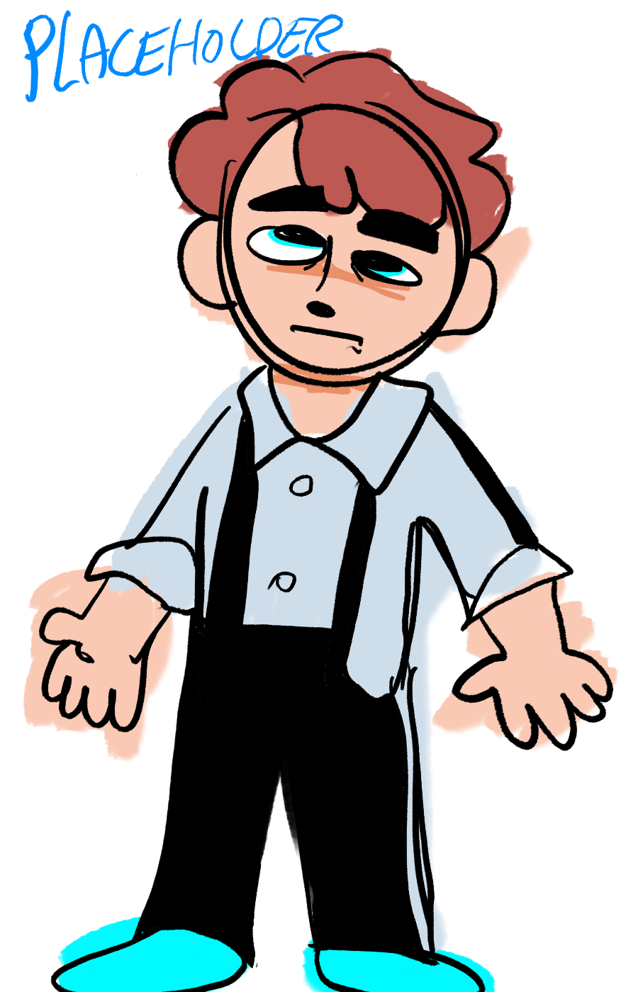 Sketchy, fully colored digital drawing of Nick Whitecross standing, looking up to his left, where the word placeholder is handwritten in blue.