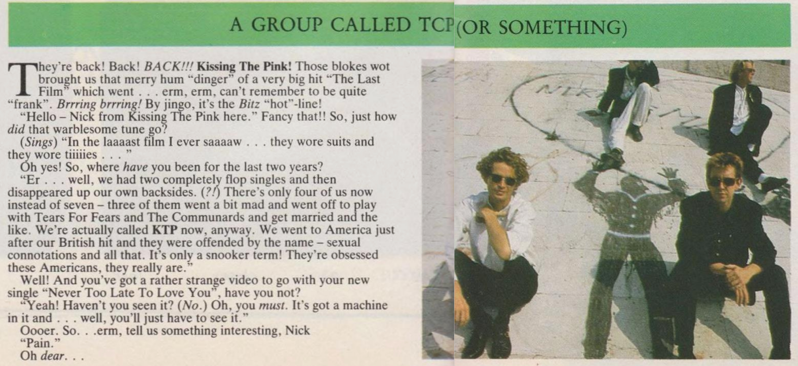 A photo of the 4-member Certain Things Are Likely lineup sitting on a slanted brick floor or street with some graffiti on it. Each of them are wearing sunglasses. Nick and Stevie are in the front, looking towards the camera, with Nick holding his hand up to his collar. Jon and Simon are in the back, looking to the right, somewhat laying down with one of their legs on the ground and the other bent to keep stability due to the slantedness of the ground. Jon's face is mostly cropped out. To the left of this photo is text which is transcribed below.