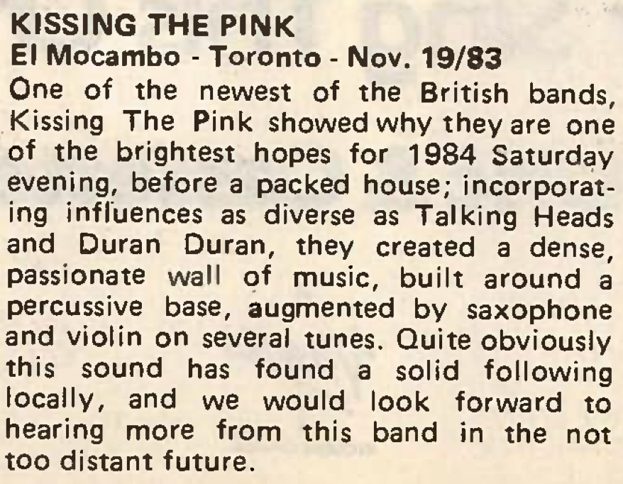 A review of a Kissing the Pink gig in Toronto, text is transcribed below.