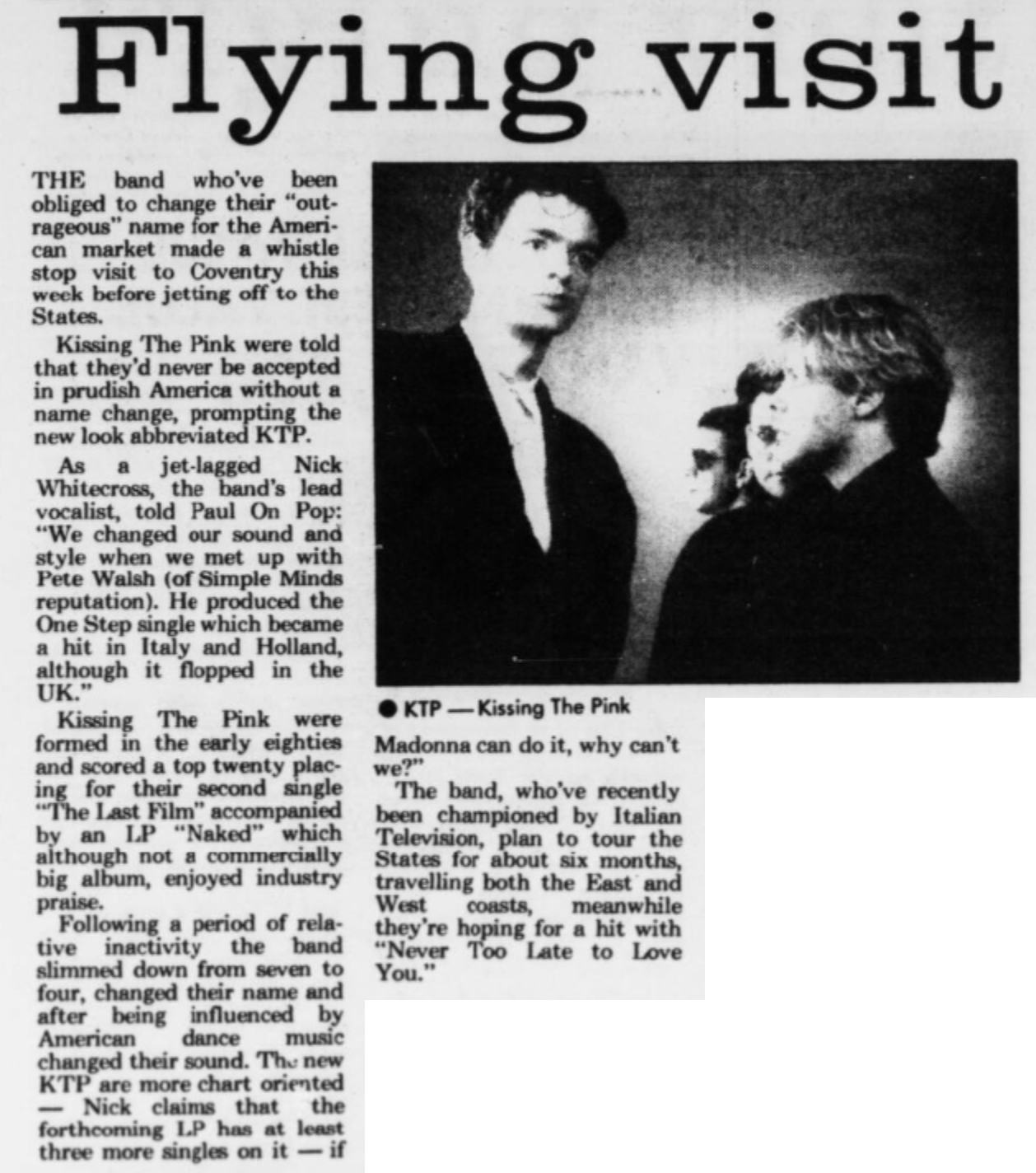 A newspaper article on CTAL which has its text transcribed below. There is a photo of the four-member band. Nick is slightly tilted towards the camera while Simon, Jon and Stevie are standing in a line and look visibly shorter than him. Simon and Stevie face him while Jon faces the camera directly.