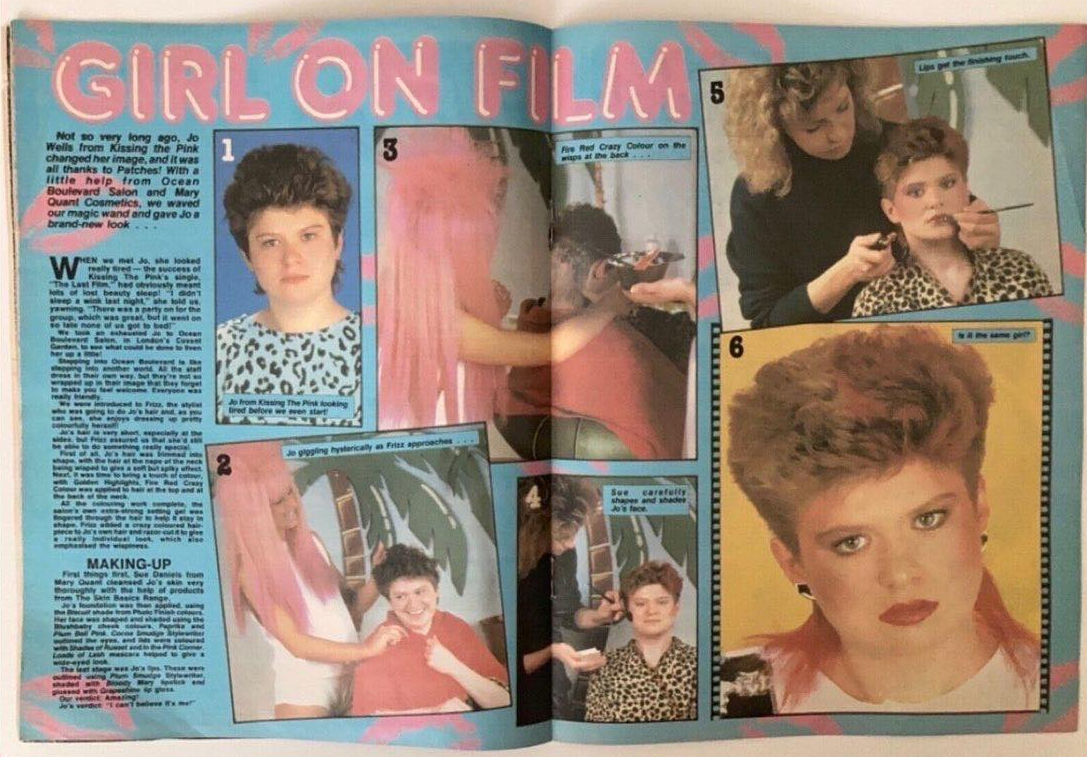 Two pages of an 80s magazine. On the right, various images of Jo (from 1989) are spread about and numbered. The first one is a close-up of Jo's face, without makeup, looking tired. The second has a hair stylist grabbing on Jo's hair, and Jo is laughing. The third shows the back of Jo's head with the hair stylist applying some product to Jo's hair. The fourth has a makeup artist applying blush to Jo's face, and Jo is nervously smiling. Her hair is slightly lighter than in the previous photos. The fifth has the makeup artist lining Jo's lips, with her face having more makeup on than the previous photo. The sixth and final photo has a close-up of Jo's face with full makeup, earrings, a lacy hairpiece, and an even more uncomfortable look on her face. On the left of the left page, and the captions of the photos, is text which is transcribed below.