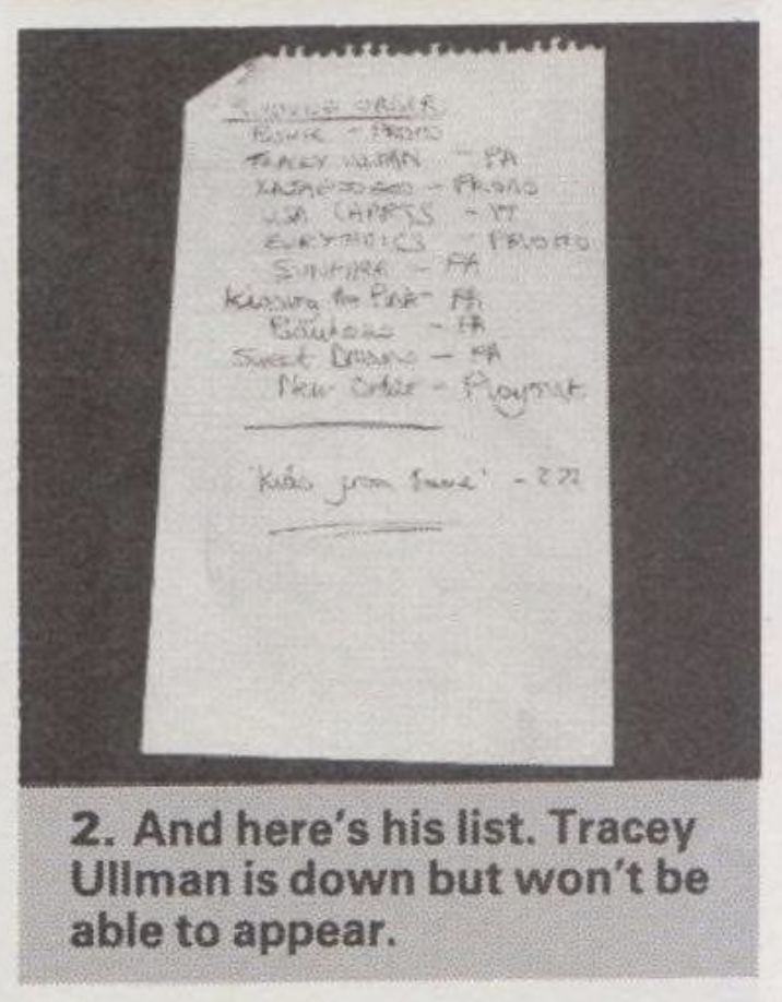 A photo of a list of band names set to appear on Top of the Pops. A caption is under it which is transcribed below as 2.
