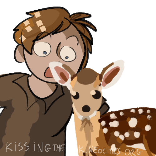 Digital drawing of Jo looking very surprised at a deer