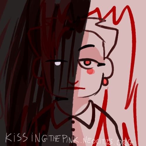 A digital drawing of Katherine Clarke facing front looking directly at the camera. The drawing is not colored properly and is instead using various shades of red. Katherine is a woman with short hair that fluffs upwards, stylized triangularly. She is making a neutral expression. The left half of the drawing is drastically darkened to the right side. The background has a pattern that looks like a mouth or blood.