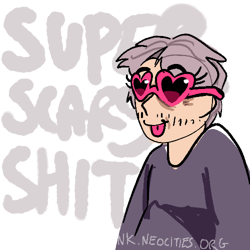Modern Jon Hall wearing pink heart-shaped sunglasses, sticking his tongue out and slumping forward. Next to him, big handwritten letters say SUPER SCARY SHIT