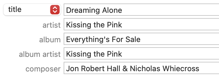 The metadata fields of Dreaming Alone credit Jon Robert Hall and Nicholas Whiecross(sic)