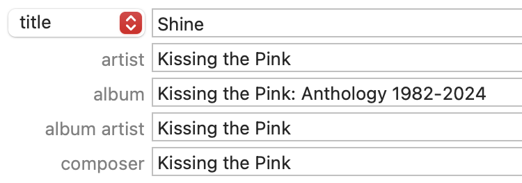 The fields of the metadata of the Kissing the Pink song Shine. The artist, album artist and composer fields are all Kissing the Pink. The album is Kissing the Pink: Anthology.