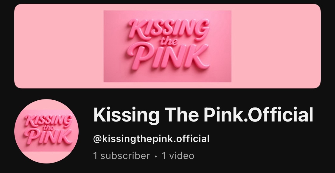 A screenshot of a YouTube username, icon and banner. This one is of Kissing the Pink dot official. The icon and banner are both ai-generated pink 3d text on a pink background saying the band's name.