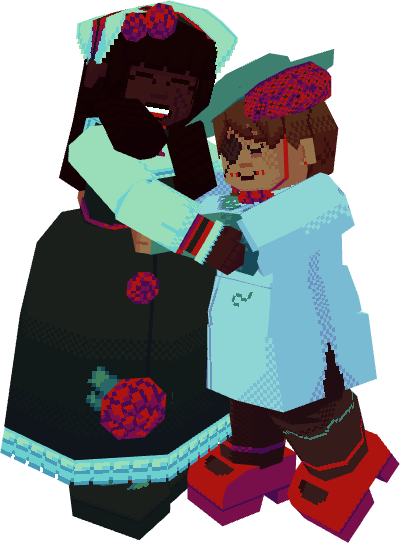 A 3d render of Adeola and Spyros hugging.