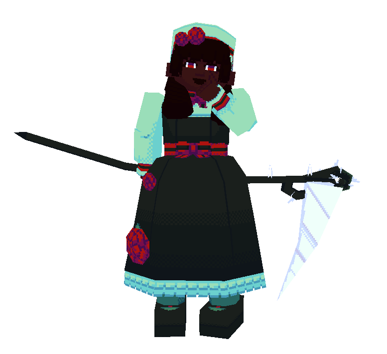 A gif of Adeola holding a scythe behind her back, she blinks.