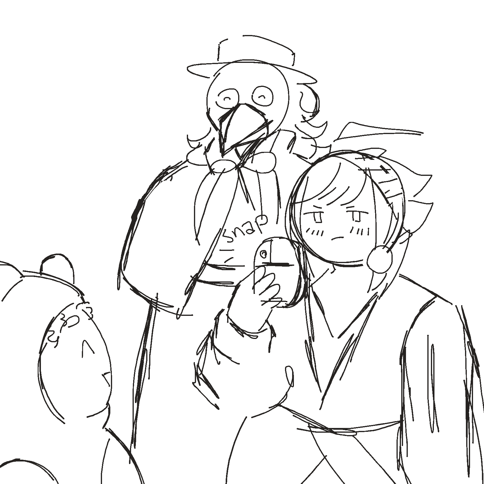 sketch of Chrysanthemum snapping a picture of Dawn in his bear costume, Zelophehad stands behind zir with happy eyes