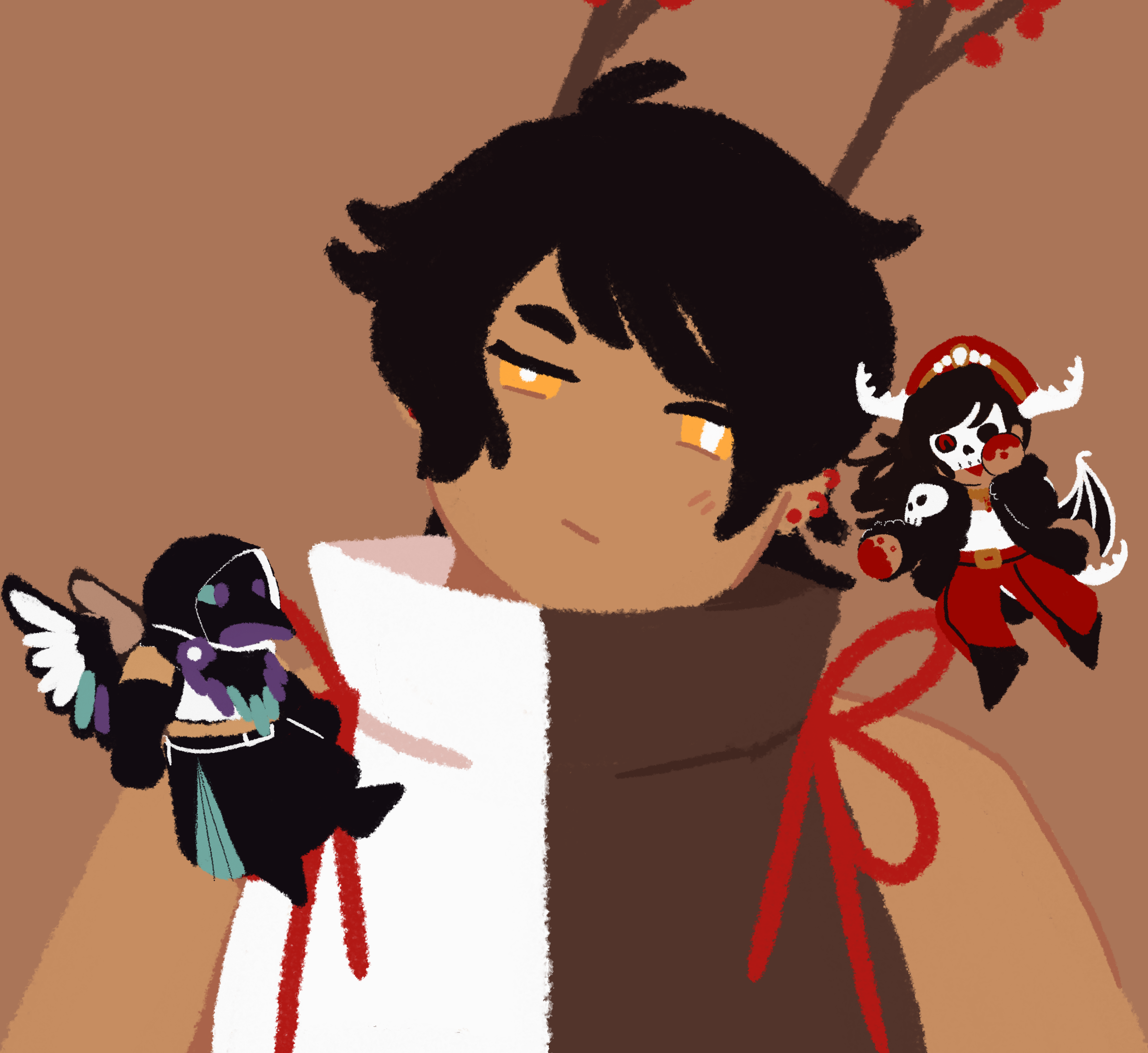 A portrait of Myrtle surrounded by Zelophehad and Melia who are stylized as the angel and devil on the shoulder. Melia is whispering into Myrtle's ear