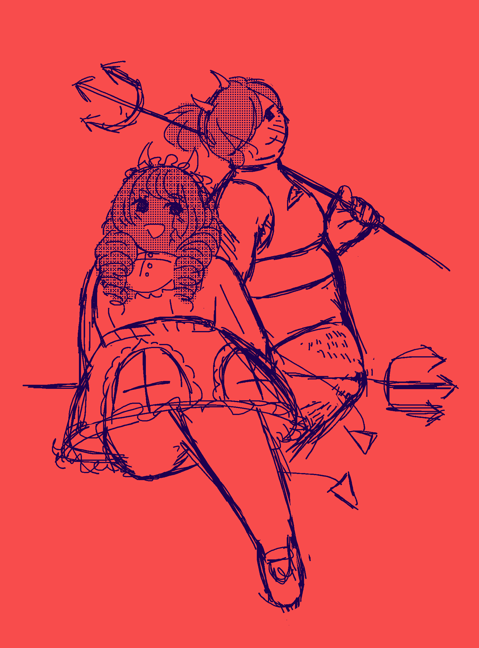 Red and purple halftone sketch of Adeola and Jirair dressed up as demons
