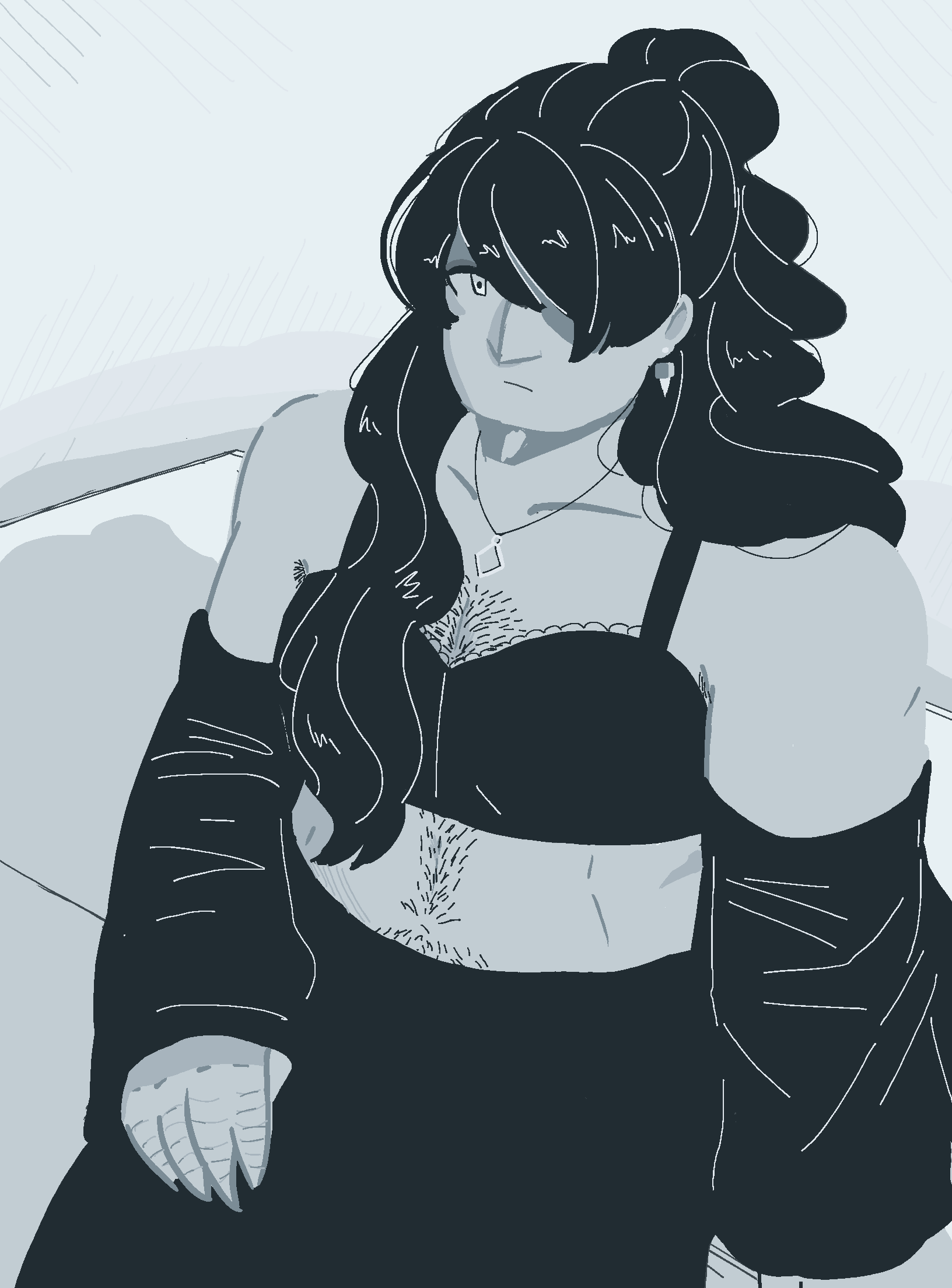 A cold grey drawing of Zelophehad sitting on a rectangular prism