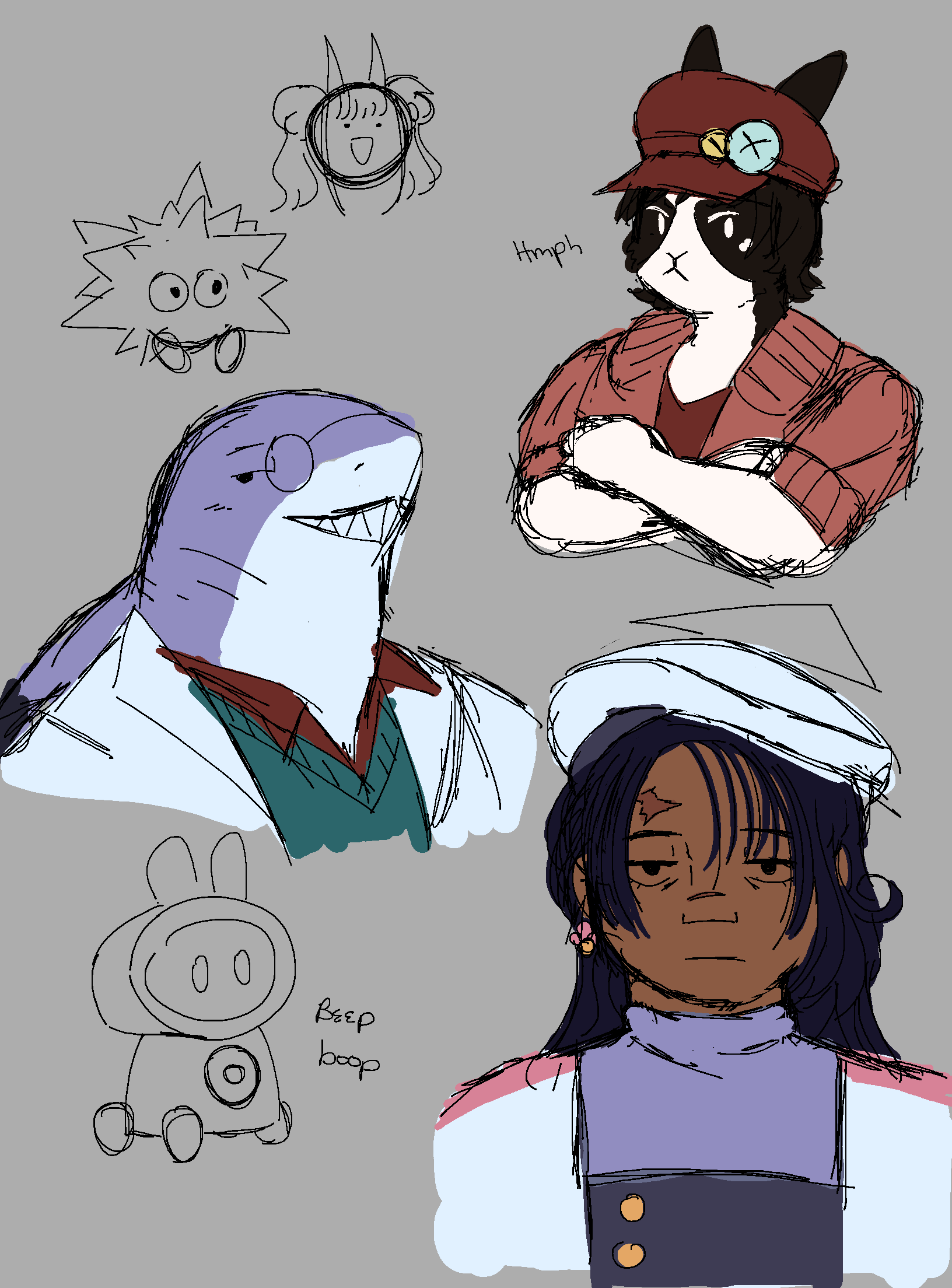 Bust doodles of Bonnie, Mash, and Nemesia with flat colors. Accompanied by lined doodles of Candi, Koman, and Pixel