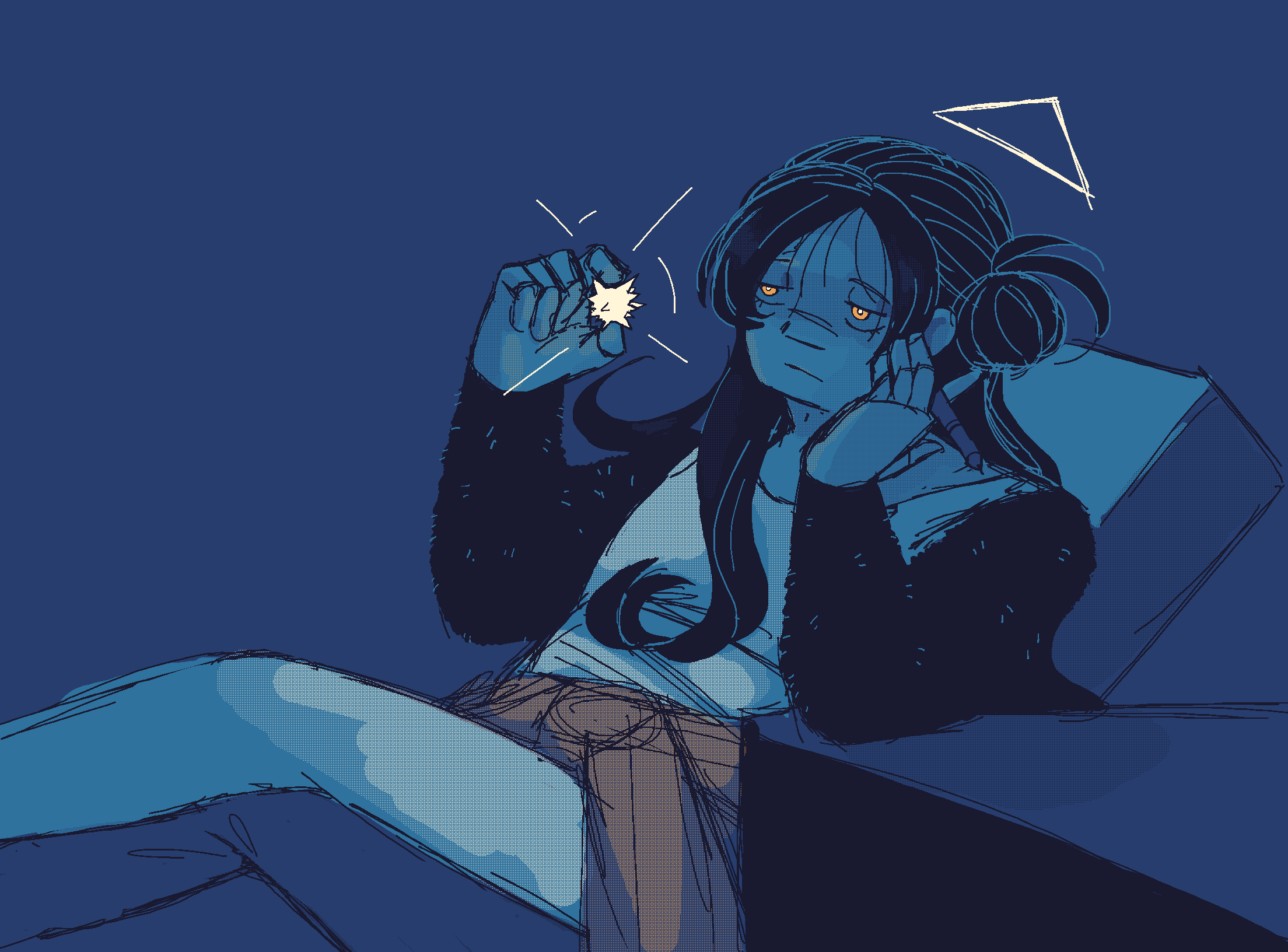 Nemesia holding a star piece in the dark while leaning contemplatively in a chair