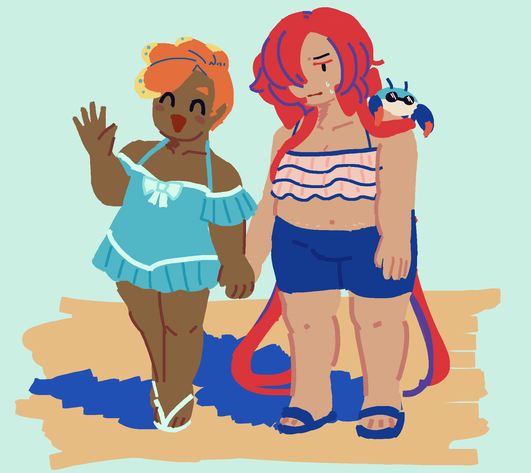 Goby and Mirabelle in their swimsuits arriving at the beach. Windchime is sitting on Mirabelle's shoulder