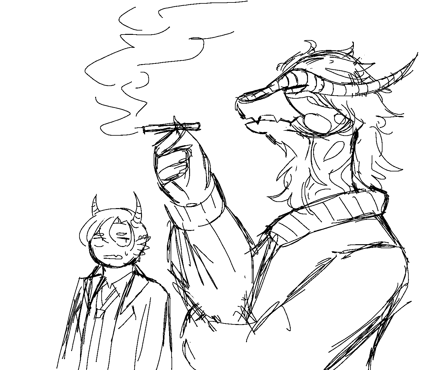 A sketch of Nori smoking and smirking. Ruri stands in the distance, sweating.