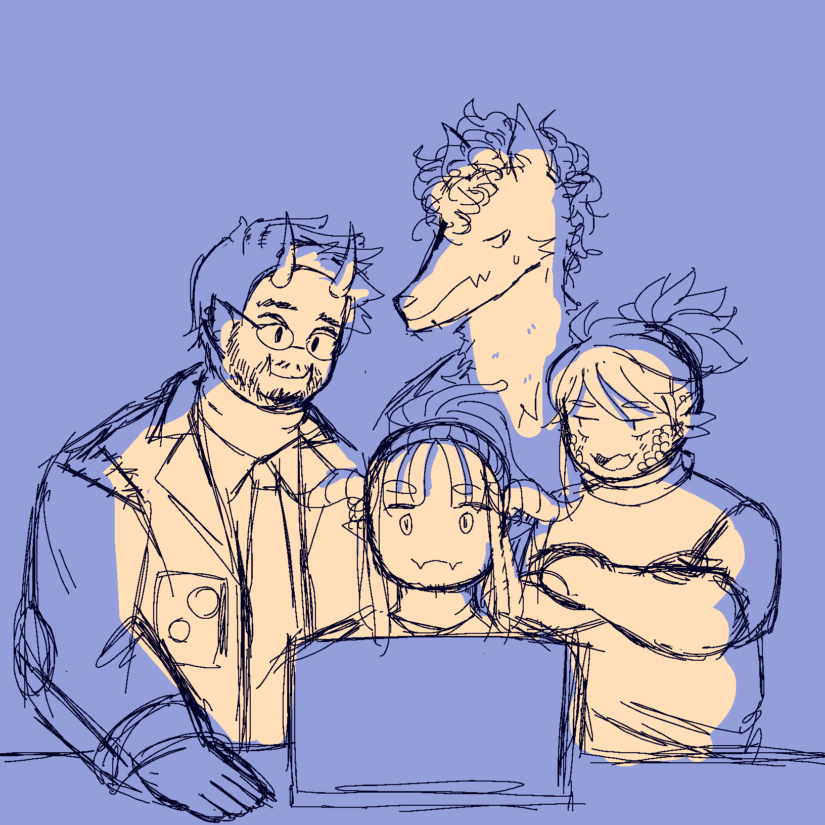 sketch of Mari, Hiroto, Beryl, and Tsoghik gathered around a laptop in a dark room