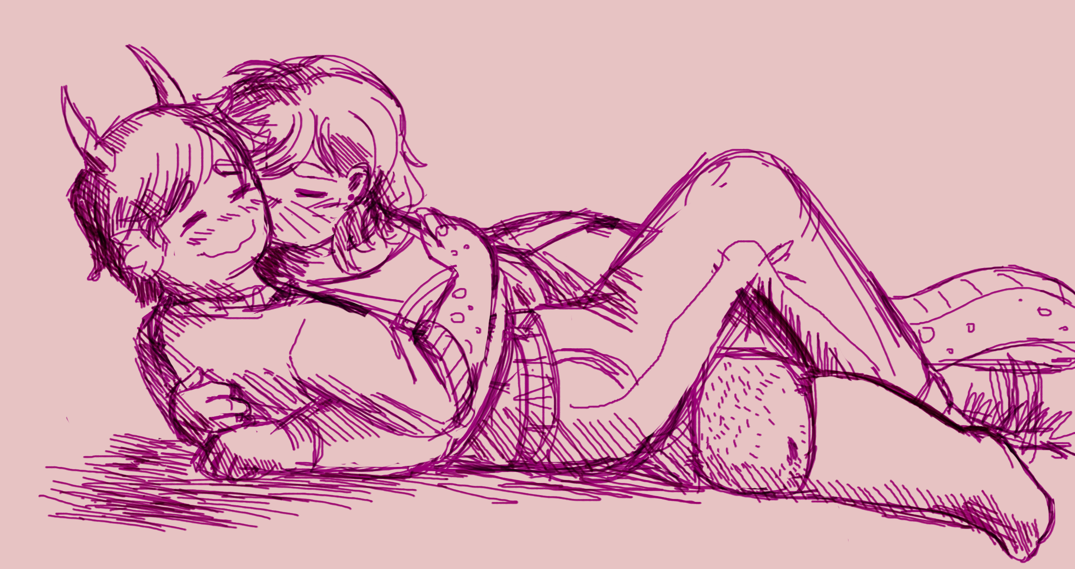A magenta colored sketch of Jirair and Ruriko laying down as Jirair kisses her on the cheek