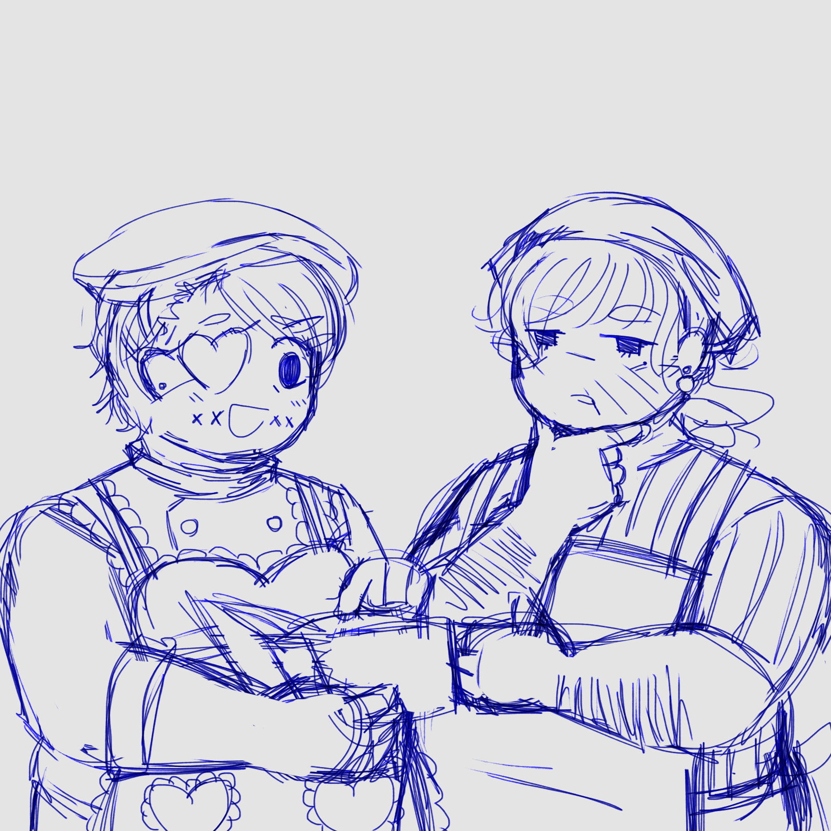 Sketch of Spyros showing Jirair a book, they're both dressed in aprons