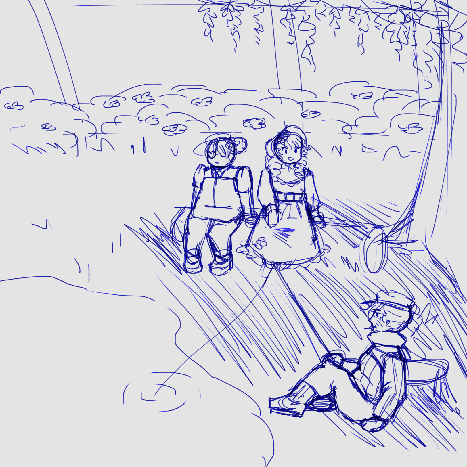 Doodle of Spyros, Adeola, and Jirair sitting around a pond. Jirair is fishing.