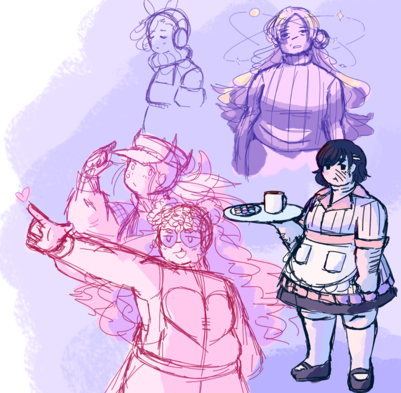 Various doodles with a purple and pink palette of Pitahaya, Lychee, Leia, Nemesia, and Jirair