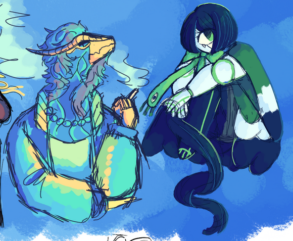 Doodles of Nori and GARDENIA on a blue background, primarily drawn with shades of blue and green.