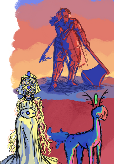 Doodles of Ephiphany, Zora, and Malizm with a primarily red, yellow, and blue palette.