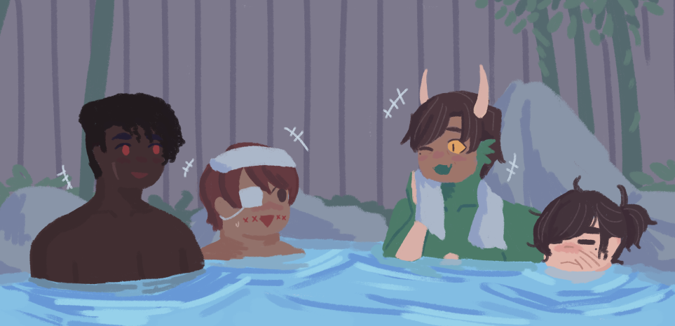 A lineless drawing of Lilimar, Spyros, Ruriko, and Jirair at a hot spring